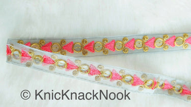 Grey Tissue Fabric Trim with Pink & Gold Embroidery With Gold Sequins, , Lace Trim By 2 Yards Indian Decorative Trim